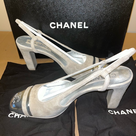 Authentic Chanel Suede Metallic Lambskin Cap Toe CC Slingback Pump size 39 - Picture 6 of 15